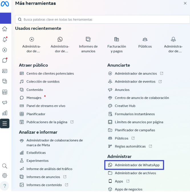 Se muestra la navegación a la configuración de Meta Business de Meta